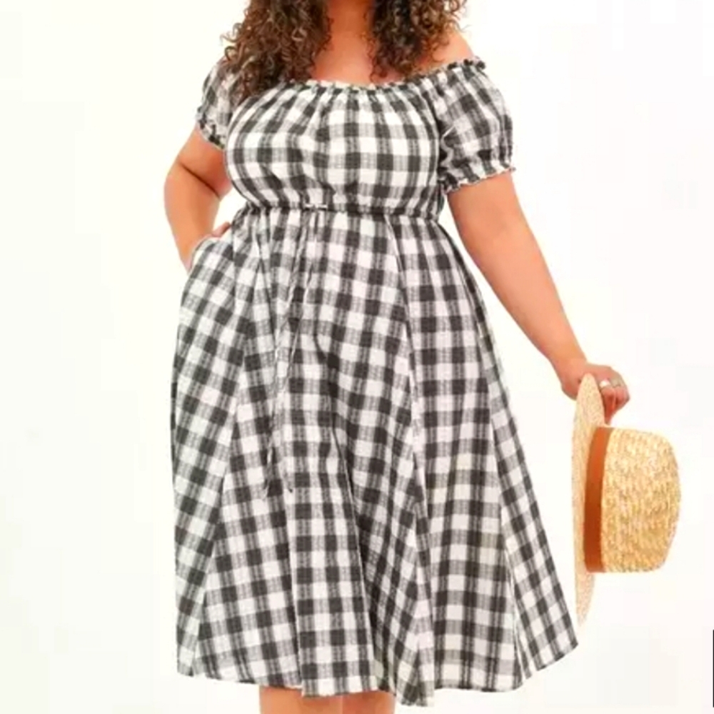 torrid Black and White Gingham Off-Shoulder Midi Dress